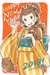 Rule 34 | 1girl, 2019, :d, animal, animal ears, animal on hand, animal on head, back bow, boar, boar ears, bow, brown eyes, brown hair, chinese zodiac, claw pose, commentary, happy new year, highres, japanese clothes, kana (okitasougo222), kimono, long sleeves, looking at viewer, new year, obi, on head, open mouth, orange kimono, original, outline, red background, sash, short hair, smile, solo, striped clothes, striped kimono, vertical-striped clothes, vertical-striped kimono, white outline, wide sleeves, year of the pig