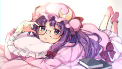 Rule 34 | 1girl, bed sheet, book, bow, capelet, crescent, crescent pin, dress, glasses, hair bow, hat, highres, long hair, looking at viewer, lying, mob cap, on stomach, parted lips, patchouli knowledge, pillow, pink capelet, pink dress, pink hat, pink socks, purple eyes, purple hair, red bow, socks, solo, touhou, vanilla (miotanntann)