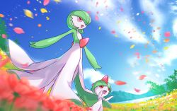 Rule 34 | :d, bad id, bad pixiv id, cloud, commentary request, creatures (company), day, flower, from below, game freak, gardevoir, gen 3 pokemon, kakuzatou (boxxxsugar), nintendo, open mouth, outdoors, outstretched arms, petals, pink eyes, pokemon, pokemon (creature), ralts, size difference, sky, smile, sparkle, tongue