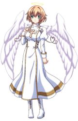 Rule 34 | 1girl, angel wings, boots, cross-laced footwear, full body, halo, lace-up boots, lowres, nukidoki!, official art, sera mitra airun, solo, transparent background, white footwear, wings