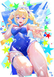 Rule 34 | 1girl, barbara (genshin impact), barbara (summertime sparkle) (genshin impact), bare legs, blonde hair, blue eyes, choker, cloud, genshin impact, hand on own shoulder, highres, looking down, mk.36, one-piece swimsuit, open mouth, polka dot, reaching, reaching towards viewer, signature, sky, smile, sparkle, star (symbol), swimsuit, twintails