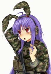 Rule 34 | 1girl, animal ears, arm behind back, camouflage, camouflage jacket, chestnut mouth, headset, highres, jacket, long hair, long sleeves, looking to the side, playing with own hair, pouch, rabbit ears, rabbit girl, red eyes, reisen udongein inaba, simple background, touhou, upper body, v-shaped eyebrows, very long hair, white background, yukine 0930