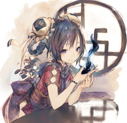 Rule 34 | 1girl, black hair, braid, chinese clothes, closed mouth, commentary request, double bun, fire, frills, hair bun, hands up, holding, jiyu2, looking at viewer, original, purple eyes, purple hair, short sleeves, sidelocks, smile, solo