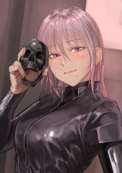 Rule 34 | 1girl, black bodysuit, blush, bodysuit, closed mouth, hair between eyes, hand up, highres, holding, holding skull, kilye kairi, latex, latex bodysuit, looking at viewer, medium hair, mole, mole under eye, mole under mouth, original, pink eyes, pink hair, skull, smile, solo, upper body