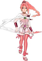 Rule 34 | 1girl, armlet, cape, cloak, dress, earrings, feet, final fantasy, final fantasy iv, final fantasy iv: the after years, high ponytail, jewelry, legs, long hair, looking at viewer, no bra, official art, pink hair, ponytail, porom, sandals, see-through, solo, striped clothes, striped thighhighs, thighhighs, toes, transparent background, walking