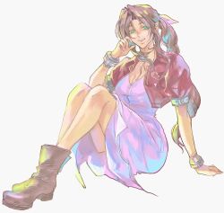 Rule 34 | 1girl, aerith gainsborough, bangle, boots, bracelet, braid, braided ponytail, breasts, brown footwear, brown hair, center opening, choker, cleavage, cropped jacket, dress, eni (yoyogieni), final fantasy, final fantasy vii, full body, green eyes, grey background, hand on own face, highres, jacket, jewelry, long dress, long hair, looking at viewer, medium breasts, parted bangs, parted lips, pink dress, puffy short sleeves, puffy sleeves, red jacket, ribbon choker, short sleeves, sidelocks, single braid, smile, solo, thighs, wavy hair