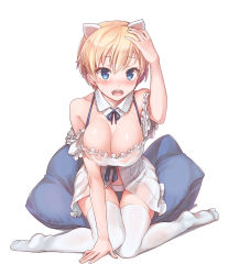 Rule 34 | 10s, 1girl, :o, animal ears, arm support, babydoll, bare shoulders, blonde hair, blue ribbon, blush, brave witches, breasts, cat ears, cleavage, detached collar, detached sleeves, eyelashes, fingernails, full body, hand on own head, hand up, highres, kneeling, konnyaku (kk-monmon), looking at viewer, medium breasts, nikka edvardine katajainen, no shoes, open mouth, panties, pillow, ribbon, see-through, shiny skin, short hair, simple background, sitting, solo, spaghetti strap, thigh gap, thighhighs, underwear, wariza, weasel ears, white background, white panties, white thighhighs, world witches series