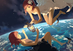Rule 34 | 10s, 2girls, absurdres, bare arms, bare shoulders, barefoot, black dress, dress, dual persona, earth (planet), english text, closed eyes, flower, hair flower, hair ornament, highres, huanxiang heitu, lantern, long legs, love live!, love live! school idol project, multiple girls, nishikino maki, red eyes, red hair, revision, space, strapless, strapless dress, white dress