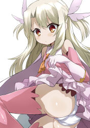 Rule 34 | 1girl, absurdres, ascot, ass, bare shoulders, blush, boots, breasts, cape, dress, elbow gloves, fate/kaleid liner prisma illya, fate (series), feather hair ornament, feathers, gloves, hair ornament, highres, illyasviel von einzbern, layered gloves, long hair, looking at viewer, panties, pink dress, pink footwear, pink gloves, prisma illya, red eyes, shimejinameko, sidelocks, skirt, small breasts, solo, thigh boots, two side up, underwear, white cape, white gloves, white hair, white panties, white skirt