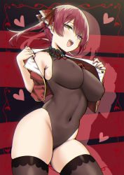 Rule 34 | 1girl, black leotard, black thighhighs, blush, breasts, covered navel, hair ornament, hair ribbon, heart, heart-shaped pupils, heterochromia, highres, hololive, houshou marine, large breasts, leotard, looking at viewer, open mouth, red eyes, red hair, red ribbon, ribbon, sky-freedom, smile, solo, symbol-shaped pupils, thighhighs, thighs, virtual youtuber, yellow eyes