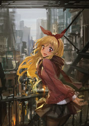 Rule 34 | 1girl, :d, aikatsu!, aikatsu! (series), arm behind back, blonde hair, blush, bow, city, cowboy shot, hair bow, hairband, hood, hooded sweater, hoshimiya ichigo, lm7 (op-center), long hair, looking at viewer, looking back, open mouth, outdoors, red eyes, sketch, smile, solo, stairs, sweater