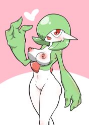 Rule 34 | 1girl, arm at side, blush, bob cut, breasts, cleft of venus, colored skin, completely nude, creatures (company), female focus, game freak, gardevoir, gen 3 pokemon, green hair, green skin, groin, hair over one eye, hand up, happy, heart, kazamidoririnn, looking at viewer, medium breasts, multicolored skin, navel, nintendo, nipples, nude, one eye covered, open mouth, personification, pink background, pokemon, pokemon (creature), pussy, red eyes, shiny skin, short hair, simple background, smile, solo, standing, stomach, thighs, two-tone background, two-tone skin, uncensored, variant set, white skin