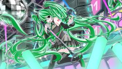 Rule 34 | 1girl, boots, green eyes, green hair, hatsune miku, highres, mesh kuroto, microphone, solo, thigh boots, thighhighs, twintails, vocaloid