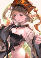 Rule 34 | 1girl, alternate costume, apsaras (granblue fantasy), artist name, ass, bad id, bad pixiv id, black dress, black gloves, black sleeves, blonde hair, blush, breasts, breath, bridal gauntlets, brown eyes, cleavage, commentary request, cowboy shot, detached sleeves, djeeta (granblue fantasy), dress, from side, gloves, granblue fantasy, grey background, hair ornament, hand up, hat, headdress, highres, looking to the side, medium breasts, milli little, parted lips, short hair, simple background, sleeveless, smile, solo, sweat, swept bangs, torn clothes, twitter username