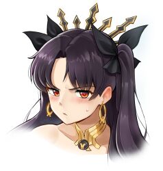 Rule 34 | 1girl, bare shoulders, black hair, blush, crown, detached collar, ear blush, earrings, fate/grand order, fate (series), highres, hoop earrings, ishtar (fate), jewelry, long hair, looking at viewer, mr.thunderigor, red eyes, simple background, solo, sweatdrop, white background