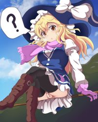 Rule 34 | 1girl, ?, ass, bar censor, black thighhighs, blonde hair, blue dress, blue hat, blue sky, blush, boots, bow, breasts, broom, broom riding, brown footwear, censored, cloud, cloudy sky, commentary request, crossed legs, day, dress, flying, gloves, hair between eyes, hand on own thigh, hat, hat bow, highres, kirisame marisa, knee boots, long hair, long sleeves, medium breasts, no panties, pink gloves, pink scarf, puffy long sleeves, puffy sleeves, pussy, scarf, shirt, sky, solo, spoken question mark, tendo, thighhighs, thighs, touhou, upskirt, white bow, white shirt, yellow eyes