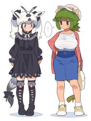 Rule 34 | ..., 2girls, alternate costume, animal ears, antenna hair, arabian oryx (kemono friends), arm at side, arms at sides, aurochs (kemono friends), bag, black dress, black eyes, black hair, breasts, buttons, cardigan, casual, closed mouth, collarbone, contemporary, cow ears, cow horns, cow tail, dress, empty eyes, full body, gazelle ears, gazelle tail, green hair, grey eyes, hair between eyes, hair ornament, hair scrunchie, hand on own hip, hat, highres, horns, kemono friends, kneehighs, long hair, long sleeves, looking at another, looking to the side, medium hair, medium skirt, multicolored hair, multiple girls, neck ribbon, nishiki kazue, open cardigan, open clothes, pencil skirt, ponytail, ribbon, scrunchie, shirt, shoes, short ponytail, side-by-side, sidelocks, simple background, skirt, socks, standing, tail, twintails, two-tone hair, white background, white hair