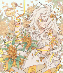Rule 34 | 1girl, absurdres, braid, closed mouth, collared dress, cowboy shot, dress, flower, hair over one eye, hands up, highres, honey, honey dipper, honeypot, long hair, looking at viewer, meremero, orange flower, original, ribbon, smile, solo, standing, very long hair, white dress, white hair, yellow eyes, yellow ribbon