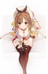 Rule 34 | 1girl, artist request, atelier (series), atelier ryza, atelier ryza 1, between legs, blush, boots, breasts, brown eyes, brown footwear, brown hair, cleavage, clothing cutout, commentary request, gloves, hair ornament, hairclip, hand between legs, hand on headwear, hand up, hat, highres, hood, hood down, hooded jacket, jacket, jewelry, leaning forward, leather, leather boots, looking at viewer, necklace, open mouth, red shorts, reisalin stout, ribbon, short shorts, shorts, shoulder cutout, simple background, single glove, sleeveless, sleeveless jacket, smile, solo, standing, thigh boots, thighhighs, thighs, white background, white hat, white thighhighs, yellow jacket