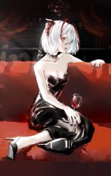 Rule 34 | 1girl, absurdres, antenna hair, arknights, bare arms, black choker, black dress, black footwear, black nails, breasts, choker, cleavage, collarbone, commentary, couch, cup, dress, drink, drinking glass, formal, gawako, high heels, highres, holding, holding drink, indoors, looking away, medium breasts, nail polish, on couch, open mouth, orange eyes, red wine, short hair, sitting, solo, strapless, strapless dress, teeth, upper teeth only, w (arknights), white hair, wine, wine glass