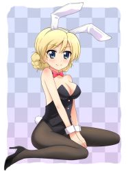 Rule 34 | 10s, 1girl, animal ears, arm support, bare shoulders, blonde hair, blue eyes, blush, bow, bowtie, braid, breasts, checkered background, cleavage, collarbone, darjeeling (girls und panzer), fake animal ears, female focus, girls und panzer, high heels, junk doppel, leotard, looking at viewer, pantyhose, playboy bunny, rabbit ears, rabbit tail, shoes, short hair, sitting, smile, solo, tail, v arms, wariza, wrist cuffs