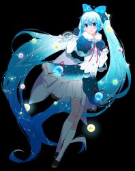 Rule 34 | absurdres, black background, blue bow, blue capelet, blue eyes, blue gloves, blue hair, blue skirt, blush, bow, capelet, chimes, commentary, crescent moon, fur-trimmed capelet, fur trim, gloves, hair bow, hair ribbon, hands up, hatsune miku, highres, holding, holding instrument, illumination, instrument, kneehighs, layered skirt, light blue hair, light blush, light smile, long hair, looking at viewer, moon, neck ribbon, red ribbon, ribbon, shirt, skirt, snowflakes, so ra 01 02, socks, string of light bulbs, striped clothes, striped shirt, twintails, vertical-striped clothes, vertical-striped shirt, very long hair, vocaloid, white shirt, yuki miku, yuki miku (2021) (candidate no.3)