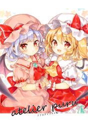 Rule 34 | 2girls, :d, ascot, bat wings, blonde hair, blue hair, bow, brooch, crystal, dress, fang, flandre scarlet, grey dress, hat, hat bow, incest, jewelry, looking at viewer, mimi (mimi puru), mob cap, multiple girls, one side up, open mouth, pointy ears, red bow, red eyes, red vest, remilia scarlet, short hair, siblings, sisters, skin fang, smile, touhou, vest, wings, yellow ascot, yuri