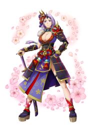 Rule 34 | 1girl, armor, black horns, breasts, cherry blossoms, cleavage, closed mouth, highres, holding, holding weapon, horns, japanese armor, japanese clothes, katana, large breasts, mask, oni, oni mask, ponytail, purple eyes, purple hair, shion (tensei shitara slime datta ken), solo, standing, sword, weapon