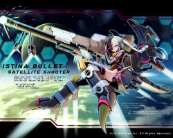 Rule 34 | cosmic break, english text, firing, gun, highres, huge weapon, istina bullet, leg armor, looking at viewer, mask, mecha musume, morizo cs, official art, planet, rifle, sniper rifle, space, thighhighs, thrusters, weapon, white hair, yellow eyes