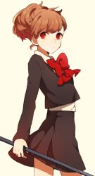 Rule 34 | 1girl, bisco9skm, bow, brown hair, hair up, persona, persona 3, persona 3 portable, polearm, red eyes, school uniform, shiomi kotone, short hair, smile, solo, weapon