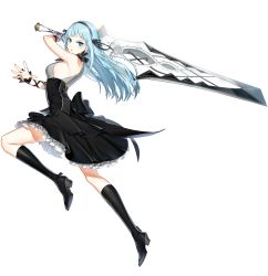 Rule 34 | 1girl, absurdres, arm ribbon, black socks, blue eyes, blue hair, closers, dress, full body, hair ribbon, hairband, happening18, highres, holding, holding sword, holding weapon, huge weapon, kneehighs, long hair, looking at viewer, official art, ribbon, serious, simple background, sleeveless, socks, solo, sword, violet (closers), weapon, white background