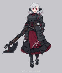 Rule 34 | 12-gauge, 12-gauge (2 3/4 inch shell), 1girl, ammunition, armor, blood, blood on face, combat shotgun, crazy eyes, darkest dungeon, dual-mode shotgun, full body, girls&#039; frontline, grey background, grey hair, gun, high brass, highres, looking at viewer, name connection, official alternate costume, open mouth, overpressure ammunition, plate armor, pump-action shotgun, pump action, red eyes, semi-automatic firearm, semi-automatic shotgun, shotgun, shotgun shell, solo, spas-12, spas-12 (girls&#039; frontline), spas-12 (goblin huntress) (girls&#039; frontline), terras, twintails, weapon