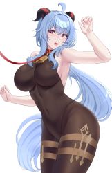 Rule 34 | 1girl, absurdres, ahoge, arm up, armpits, bare arms, bare shoulders, bell, belt collar, blue hair, bodystocking, bodysuit, bodysuit under clothes, breasts, brown bodysuit, brown leotard, collar, covered navel, cowbell, cowboy shot, ganyu (genshin impact), genshin impact, goat horns, gradient eyes, hand up, highleg, highleg leotard, highres, horns, kanta (kanta 077), large breasts, leaning forward, leash, leotard, long hair, looking at viewer, low ponytail, multicolored eyes, neck bell, open mouth, purple eyes, raised eyebrows, sideboob, sidelocks, simple background, solo, sweatdrop, teeth, upper teeth only, very long hair, white background