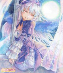 Rule 34 | 00s, 1girl, dress, female focus, gothic lolita, indoors, lolita fashion, long hair, mayo riyo, moon, non-repeating animation, outdoors, rozen maiden, sky, solo, suigintou, wings