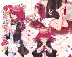 Rule 34 | 1girl, :q, absurdres, alternate costume, alternate hair length, alternate hairstyle, apron, arknights, barefoot, black coat, book, cake, cake slice, coat, crossed ankles, dress, exusiai (arknights), closed eyes, feathers, feet, flower, food, halo, headphones, highres, holding, jacket, unworn jacket, kataokasan, legs up, long hair, looking at viewer, lying, maid apron, mittens, multiple views, on stomach, one side up, own hands clasped, own hands together, panties, pantyhose, pantyshot, pink panties, plate, red eyes, red flower, red hair, rose, second-party source, the pose, thighs, tongue, tongue out, underwear, white dress, wide sleeves, wings, aged down