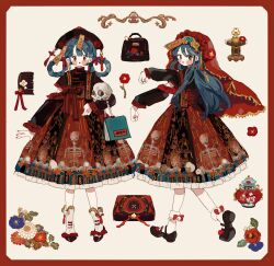 Rule 34 | 2girls, :o, aqua bag, arm cutout, bag, black bag, black footwear, black headwear, black shirt, black skirt, blue flower, blue hair, blush stickers, boots, border, bow, briefcase, chinese clothes, comb, commentary, commission, english commentary, eyeshadow, floral print, flower, footwear bow, frilled shirt collar, frilled skirt, frilled sleeves, frills, fringe trim, full body, grey eyes, hair bow, hair rings, handbag, hat, hat flower, headwear request, highres, holding, holding skull, jiangshi costume, lolita fashion, long hair, long sleeves, looking at viewer, makeup, mary janes, medium skirt, multiple girls, nail polish, ofuda, ofuda on head, original, outstretched arms, pansy, parted lips, putong xiao gou, rain, red border, red bow, red eyeshadow, red flower, red lips, red nails, red pansy, red skirt, red veil, shirt, shoes, skeleton print, skirt, skull, socks, straight-on, striped, striped bow, suspenders, tangzhuang, tassel hat ornament, two-tone skirt, white background, white flower, white footwear, white socks, zombie pose