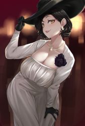 Rule 34 | 1girl, alcina dimitrescu, black hair, blush, breasts, collarbone, curvy, hat, highres, large breasts, looking at viewer, moisture (chichi), pale skin, red lips, resident evil, resident evil village, short hair, smile, solo, sun hat, yellow eyes