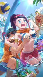 Rule 34 | 2girls, 4boys, ball, beachball, bikini, bikini shorts, bikini top only, blue eyes, blush, breasts, cleavage, covering own mouth, day, fiora (league of legends), goggles, grabbing, grabbing another&#039;s breast, groping, highres, innertube, large breasts, league of legends, lee sin, lulu (league of legends), multicolored hair, multiple boys, multiple girls, navel, open mouth, pink hair, pool, pool party fiora, pool party lee sin, pool party lulu, pool party ziggs, purple hair, riot games, scarf, shorts, sky, smile, streaked hair, sunglasses, surprised, swim ring, swimsuit, sword, taric, volleyball, volleyball (object), volleyball net, water, weapon, yordle, zac (league of legends), ziggs