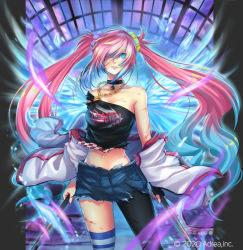 Rule 34 | 1girl, 2020, aura, bare shoulders, black choker, black gloves, black shirt, blue eyes, blue thighhighs, breasts, chain necklace, character request, choker, copyright request, cowboy shot, crop top, gloves, hair over one eye, holding, indoors, jacket, jewelry, long hair, looking at viewer, medium breasts, midriff, navel, necklace, pink hair, re (re 09), shirt, single glove, single leg pantyhose, single thighhigh, solo, standing, stomach, striped clothes, striped thighhighs, t-shirt, thighhighs, twintails, very long hair, white jacket