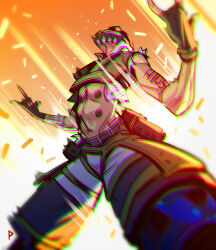 Rule 34 | 1boy, \m/, abs, absurdres, apex legends, bandaged arm, bandages, belt, black belt, black gloves, black headwear, chromatic aberration, cropped vest, fingerless gloves, francesco chiappara, gloves, goggles, green vest, highres, looking up, male focus, mask, mouth mask, navel, octane (apex legends), shell casing, shirt, shorts, solo, vest, white shirt, white shorts