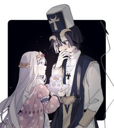 Rule 34 | 1boy, 1girl, aurora sya lis kaymin, birthday cake, black background, blush, cake, commentary request, demon cleric, demon tail, food, grey hair, hand on own face, hat, horns, jewelry, long hair, looking down, looking up, maou-jou de oyasumi, necklace, purple eyes, rdtbkclge5sne9j, short hair, tail