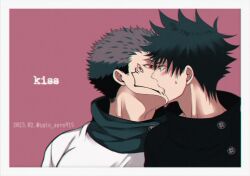 Rule 34 | 2023, 2boys, black hair, black nails, blush, buttons, commentary request, dated, english text, extra eyes, eye contact, facial tattoo, fushiguro megumi, green eyes, high collar, highres, jacket, jujutsu kaisen, kiss, long sleeves, looking at another, male focus, multiple boys, red eyes, ryoumen sukuna (jujutsu kaisen), sato zero915, spiked hair, sweatdrop, tattoo, yaoi