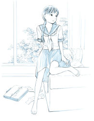 Rule 34 | 1girl, barefoot, blue theme, long hair, monochrome, original, school uniform, sketch, solo, traditional media, yoshitomi akihito