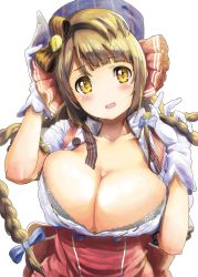 Rule 34 | 10s, 1girl, alternate hairstyle, blush, braid, breasts, brown hair, candy wrapper, cleavage, collarbone, gloves, hair ornament, hat, highres, large breasts, long hair, looking at viewer, love live!, love live! school idol project, minami kotori, simple background, solo, tetsujin momoko, twin braids, upper body, white background, white gloves, yellow eyes