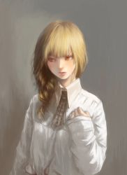 Rule 34 | 1girl, blonde hair, blouse, blunt bangs, blush, braid, collared shirt, grey background, hair over shoulder, highres, lips, necktie, nyanpe, original, portrait, realistic, shirt, simple background, single braid, solo, standing, upper body, white shirt, yellow eyes
