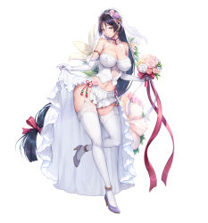 Rule 34 | 1girl, anklet, armlet, bare shoulders, blush, bouquet, breasts, bridal veil, cleavage, covered erect nipples, crystal, detached collar, dress, elbow gloves, fate/grand order, fate (series), flower, full body, garter straps, gloves, hair flower, hair ornament, high heels, jewelry, large breasts, long hair, looking at viewer, low-tied long hair, midriff, minamoto no raikou (fate), miniskirt, navel, parted bangs, pink flower, pink rose, purple eyes, purple flower, purple footwear, purple hair, purple rose, rose, sayika, skirt, solo, thighhighs, veil, very long hair, wedding dress, white flower, white gloves, white rose, white skirt, white thighhighs