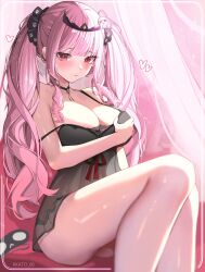 Rule 34 | 1girl, absurdres, bare shoulders, black choker, blush, breast hold, breasts, choker, cleavage, dress, hair ornament, highres, holding, hololive, hololive english, kkato, large breasts, long hair, looking at viewer, mori calliope, mori calliope (sleepwear), nightgown, pink hair, red eyes, red ribbon, ribbon, sidelocks, sitting, skull hair ornament, sleep mask, smile, solo, thighs, tiara, twintails, twitter username, virtual youtuber
