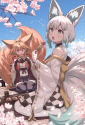 2girls absurdres animal_ear_fluff animal_ears bare_shoulders bento black_skirt black_thighhighs blue_eyes blue_sky borrowed_character brown_eyes brown_hair checkered_clothes checkered_kimono cherry_blossoms colored_tips commentary_request cup dango dappled_sunlight eating facing_viewer flower food fox_ears fox_girl fox_tail full_body fumato highres holding holding_food holding_skewer japanese_clothes kimono light_blush long_sleeves multicolored_hair multiple_girls original outdoors pink_flower sanshoku_dango short_hair sitting skewer skirt sky sunlight tail thighhighs wagashi wariza white_hair white_kimono white_thighhighs wide_sleeves yunomi