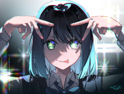 Rule 34 | 1girl, black vest, blue bow, blue bowtie, blue hair, bow, bowtie, chromatic aberration, closed mouth, collared shirt, commentary request, double v, gradient hair, green eyes, highres, hoshino ai&#039;s pose, kurokawa akane, light blue hair, light particles, long sleeves, looking at viewer, multicolored hair, oshi no ko, partial commentary, portrait, pose imitation, shirt, signature, solo, sparkle, star-shaped pupils, star (symbol), swept bangs, symbol-shaped pupils, tongue, tongue out, toritoki (1301237579), v, vest, white shirt