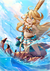 Rule 34 | 1girl, :d, bikini, blonde hair, blue eyes, blush, charlotta (granblue fantasy), cloud, commentary, crown, day, frilled swimsuit, frills, full body, granblue fantasy, hair between eyes, hair ornament, hand on own hip, harvin, long hair, navel, open mouth, outdoors, outstretched arm, pointy ears, sky, smile, standing, star (symbol), star hair ornament, striped bikini, striped clothes, swimsuit, very long hair, water, xion (nyoxion)